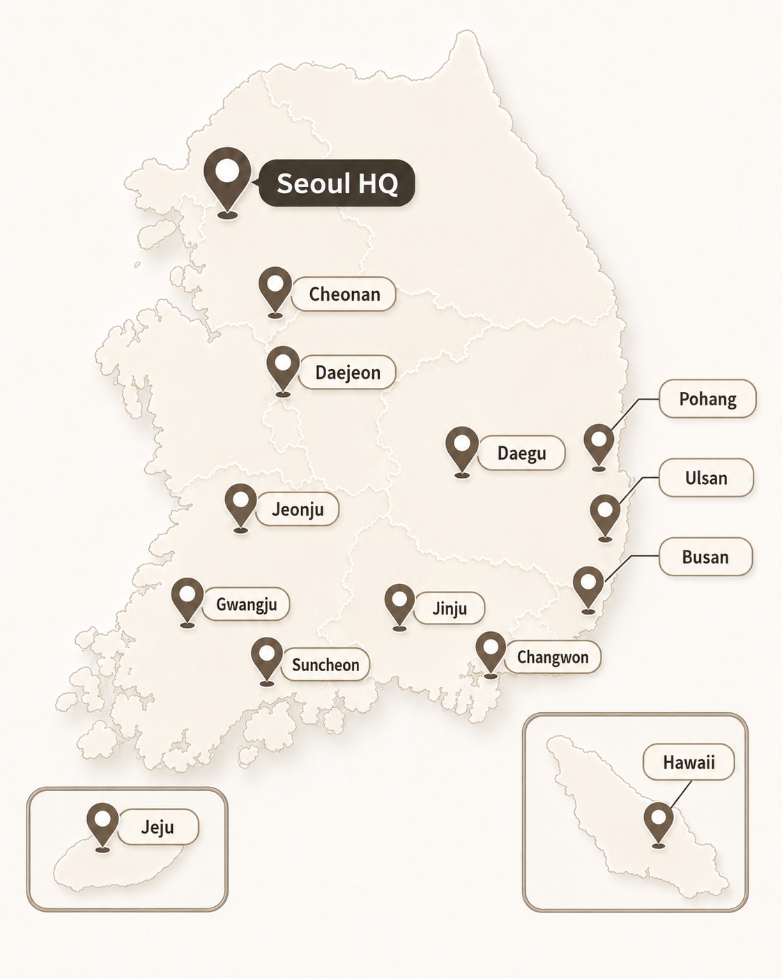 Honeymoon Resort branch network — 13 offices across Korea plus Hawaii